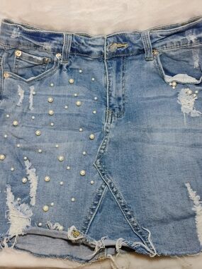 Hammer Jeans Distressed Beaded Denim Mini Skirt Sz Small Pearl Y2K Stretch Q